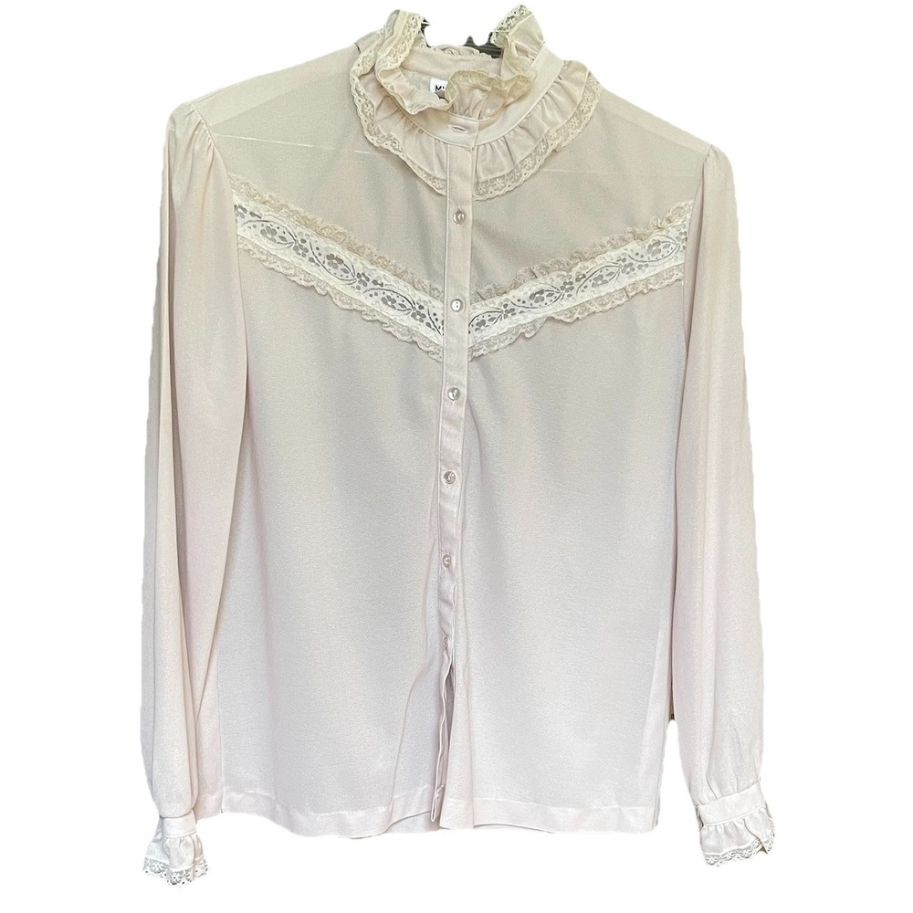 VNTG 60's Lace Sheer Pale Pink Blouse Cottage Victorian Soft Goth Whimsical